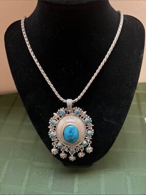 Silver-Tone Turquoise Statement Pendant Necklace